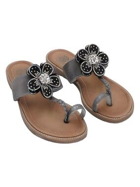 GC Shoes Blossom Flower Pewter Beaded Thong Slide Sandals Size 6M